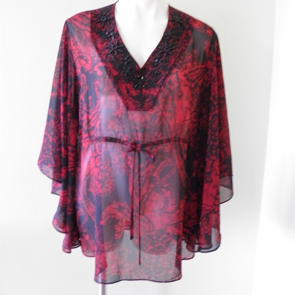 Coldwater Creek Beaded Dolman Sleeve Blouse M  10-12  Red Black